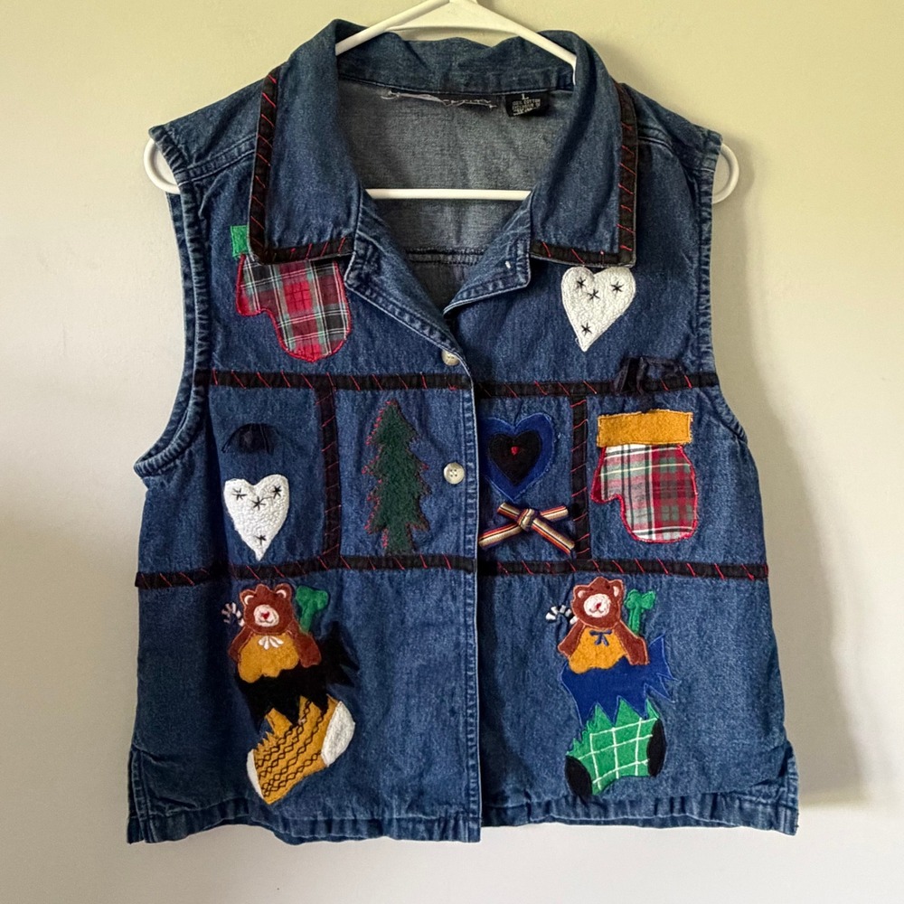 Vintage New Identity Denim Christmas Vest Womens Large Teddy Bear Holiday Patch